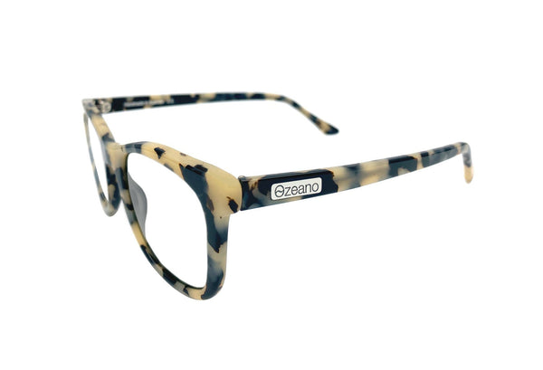 Blue light glasses in black and white frame from Ozeano Vision